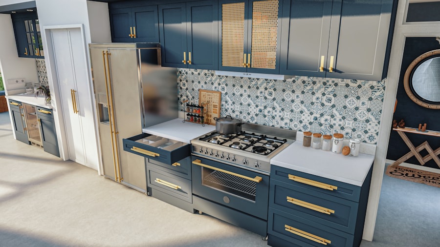 Photo dark blue kitchen cabinet